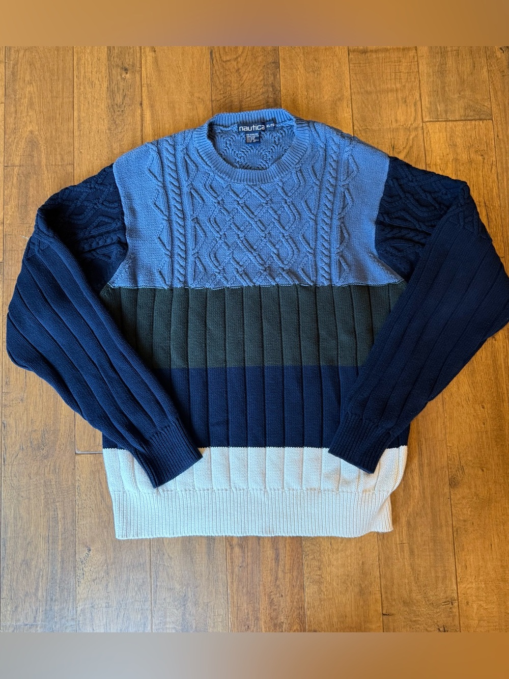 Vintage Nautica Men’s Colorblock Cable Knit Crewneck Sweater - Blue/Black/White
